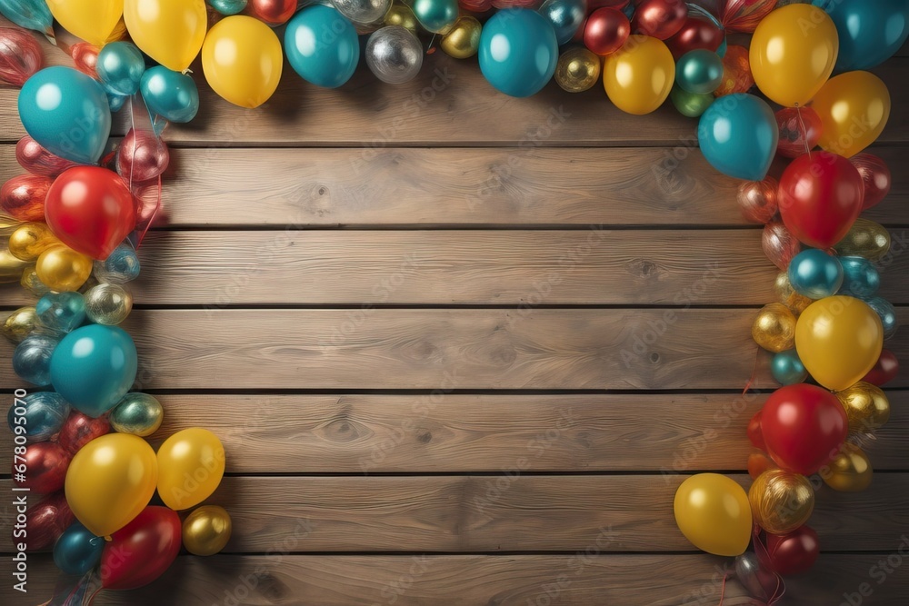 Wooden frame among colorful carnival or party balloons, streamers and confetti on rustic grunge wood planks with copy space