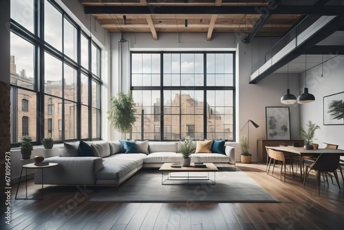 Minimalist loft interior design of modern living room with big window