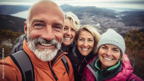 Selfie de grupo de amigos de mediana edad disfrutando y sonriendo. Deporte y aventura a los 50 años. photo