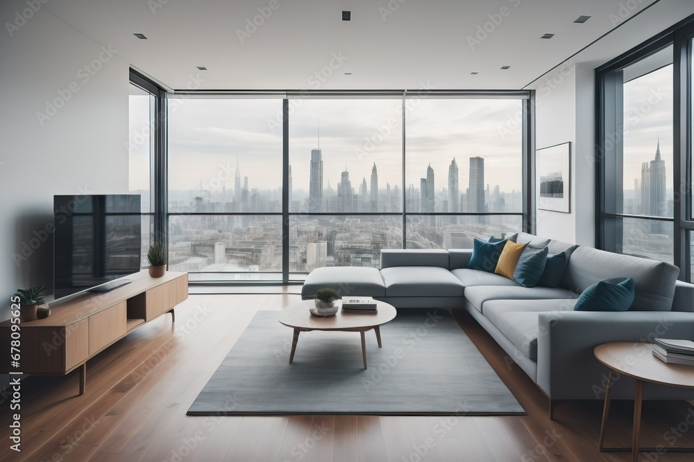 Naklejka premium Minimalist apartment with city view. Interior design of modern living room 