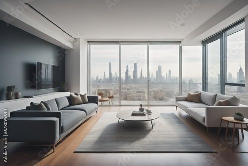 Minimalist apartment with city view. Interior design of modern living room 