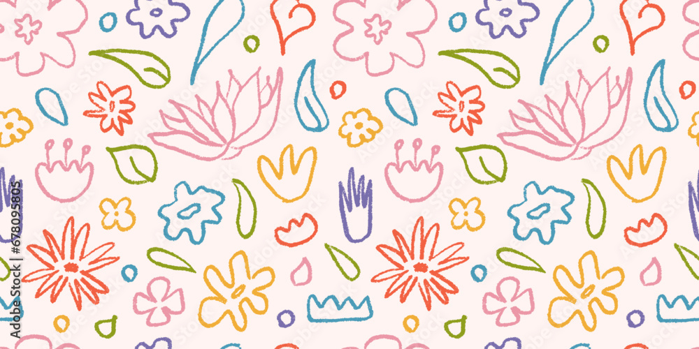 Seamless pattern hand drawn in color brush linear flowers. Abstract modern background with plants Seamless pattern hand drawn in color brush linear flowers. Abstract modern background with plants
