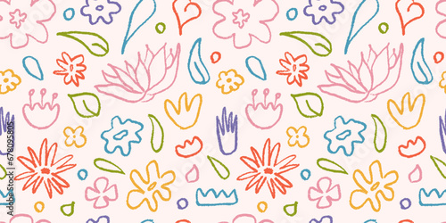 Seamless pattern hand drawn in color brush linear flowers. Abstract modern background with plants