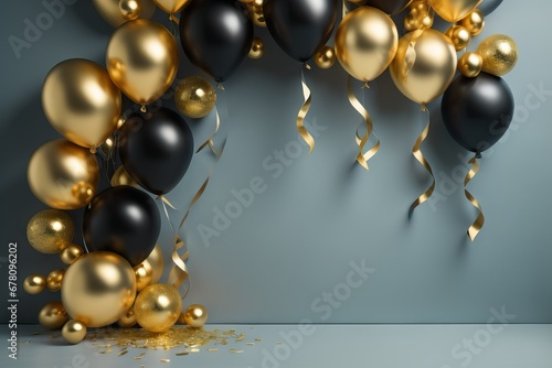 Black and golden balloons and confetti on dark background. Birthday, holiday or party background. Banner with empty space for text. Festive greeting card