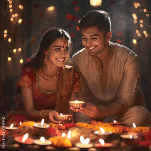 Young indian couple celebrating diwali festival together at home.