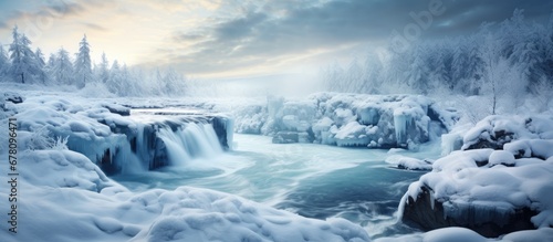 In the enchanting winter landscape of Scandinavia the river rapids in Sweden flow with icy waves where a nobody ventures amidst the glistening snow frost and frozen Nordic falls