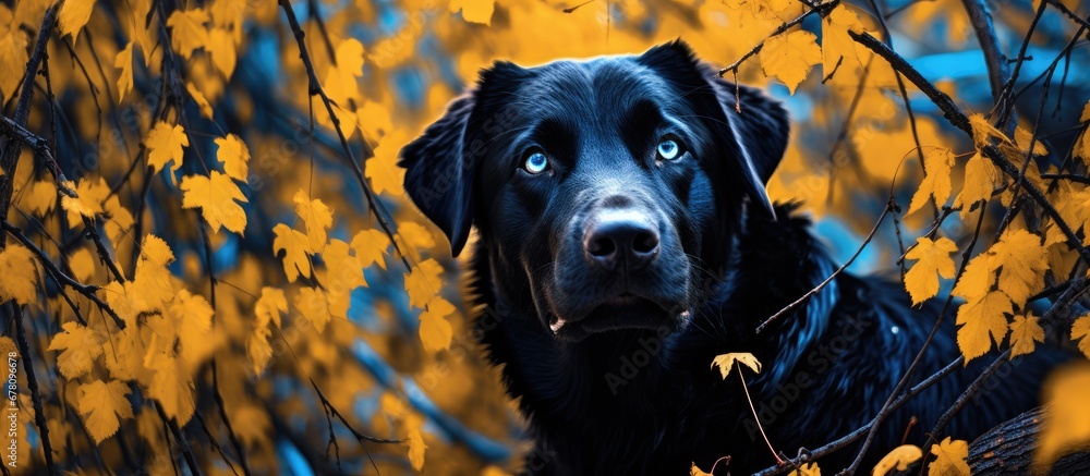 Obraz premium In the golden summer of autumn a black dog roams through the white forest embracing natures embrace with a happy smile on its face as the blue leaves paint a portrait of pure joy in the eyes