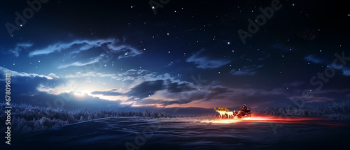 Santa Claus  sleigh with reindeer in a dark winter landscape. Clouds  Moon  night lights.