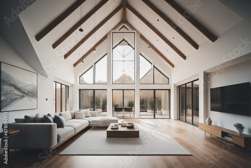 Vaulted cathedral ceiling in house. Interior design of modern living room  photo