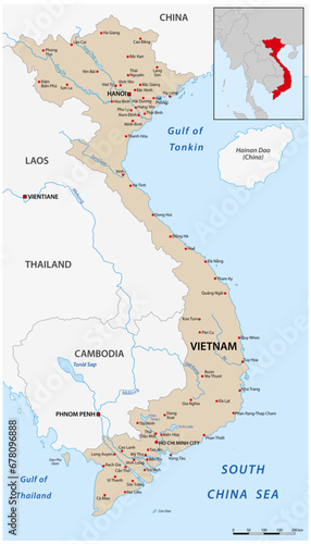 Vector map of the Asian country of Vietnam