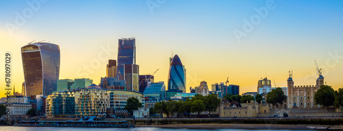 Panoramic view of London cityscape during sunset