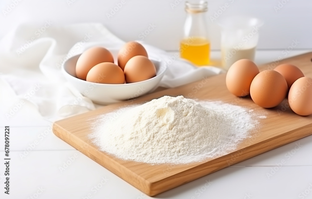 Dough, eggs and flour cooking on white wooden plate on white wooden table soft light Dough, eggs and flour cooking on white wooden plate on white wooden table soft light