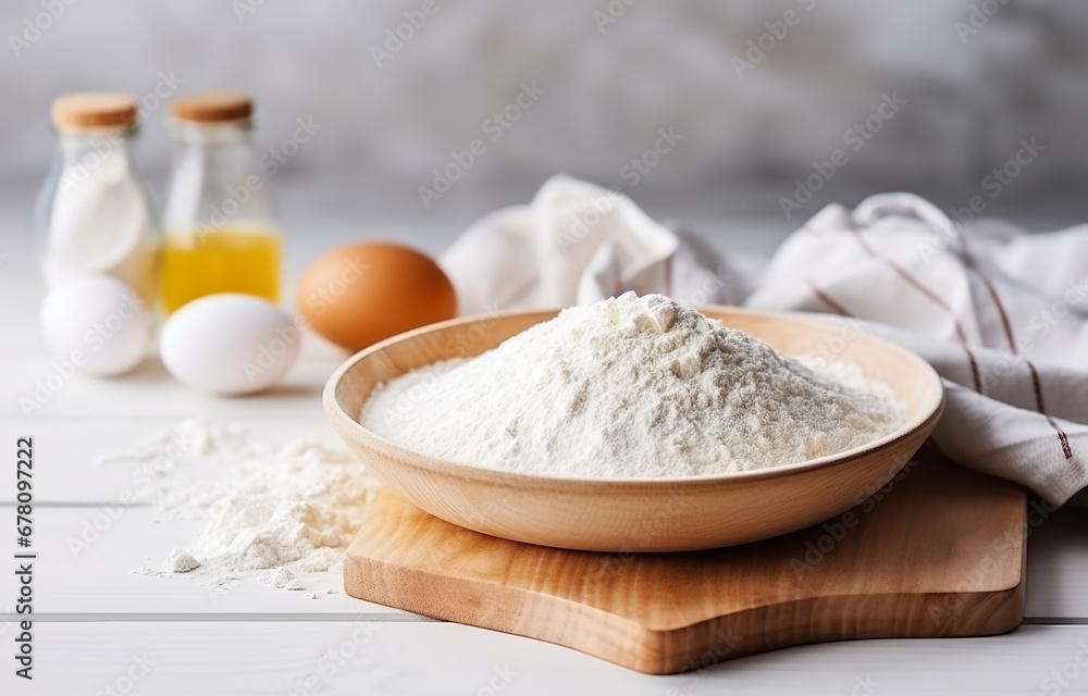 Dough, eggs and flour cooking on white wooden plate on white wooden table soft light Dough, eggs and flour cooking on white wooden plate on white wooden table soft light