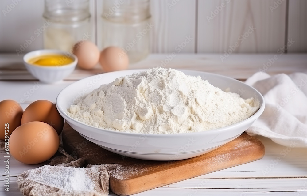 Dough, eggs and flour cooking on white wooden plate on white wooden table soft light Dough, eggs and flour cooking on white wooden plate on white wooden table soft light