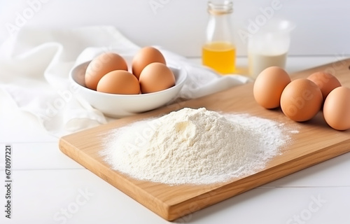 Dough, eggs and flour cooking on white wooden plate on white wooden table soft light
