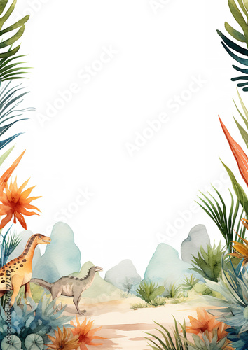 Frame for a background, embellished with watercolor fossils and prehistoric flora, dinosaurs, rectangle, in the style of a Jurassic period animation