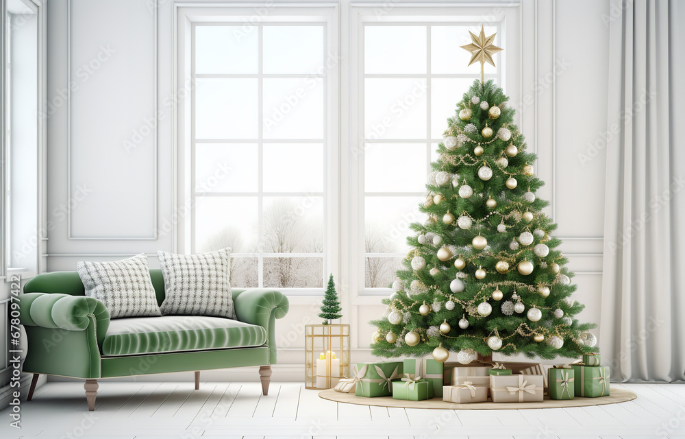 Green Christmas tree with decor near white sofa on white modern design room with large window Green Christmas tree with decor near white sofa on white modern design room with large window