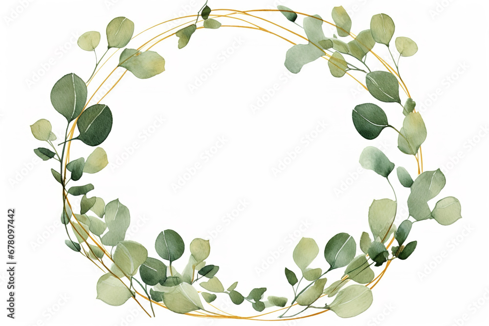 Green eucalyptus leaves herb on golden round line frame watercolor paint on white background