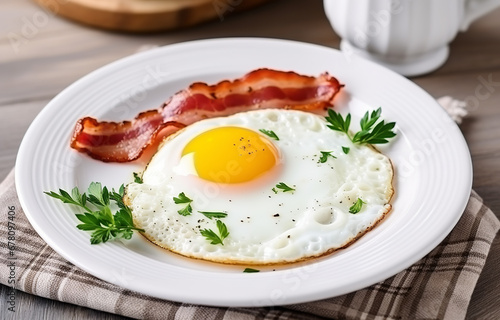 Fried eggs with bacon on white plate  decorated with parsley herb  cup of coffee  on white kitchen backgroun