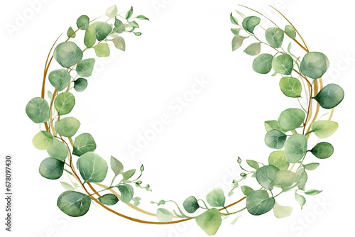 Green eucalyptus leaves herb on golden round line frame watercolor paint on white background