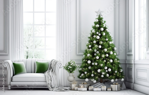 Green Christmas tree with decor near white sofa on white modern design room with large window © Nate