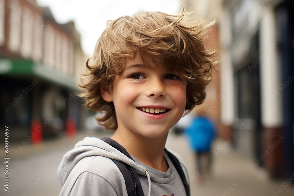 Medium shot portrait photography of a pleased child boy in a random scene Medium shot portrait photography of a pleased child boy in a random scene