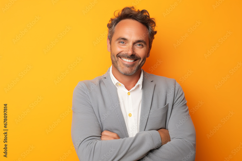 Medium shot portrait photography of a pleased man in his 30s against a light orange background Medium shot portrait photography of a pleased man in his 30s against a light orange background