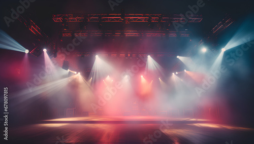 open empty stage with multi-colored lights and fog around, AI generated