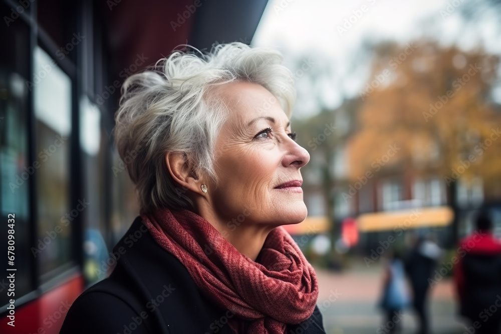Medium shot portrait photography of a woman in her 50s in a random scene