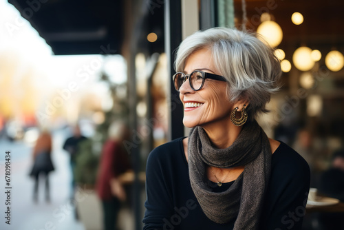 Medium shot portrait photography of a woman in her 50s in a random scene