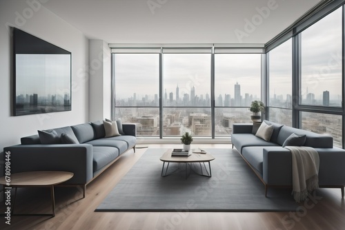 Minimalist apartment with city view. Interior design of modern living room