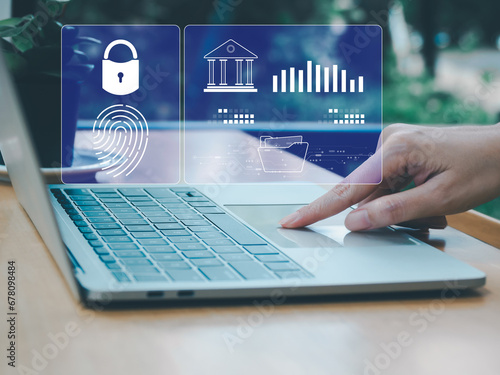 Cybersecurity and privacy on access  confidential way business on cyber, internet network security technology Access to company or transaction information of laptop data and virtual interfaces.