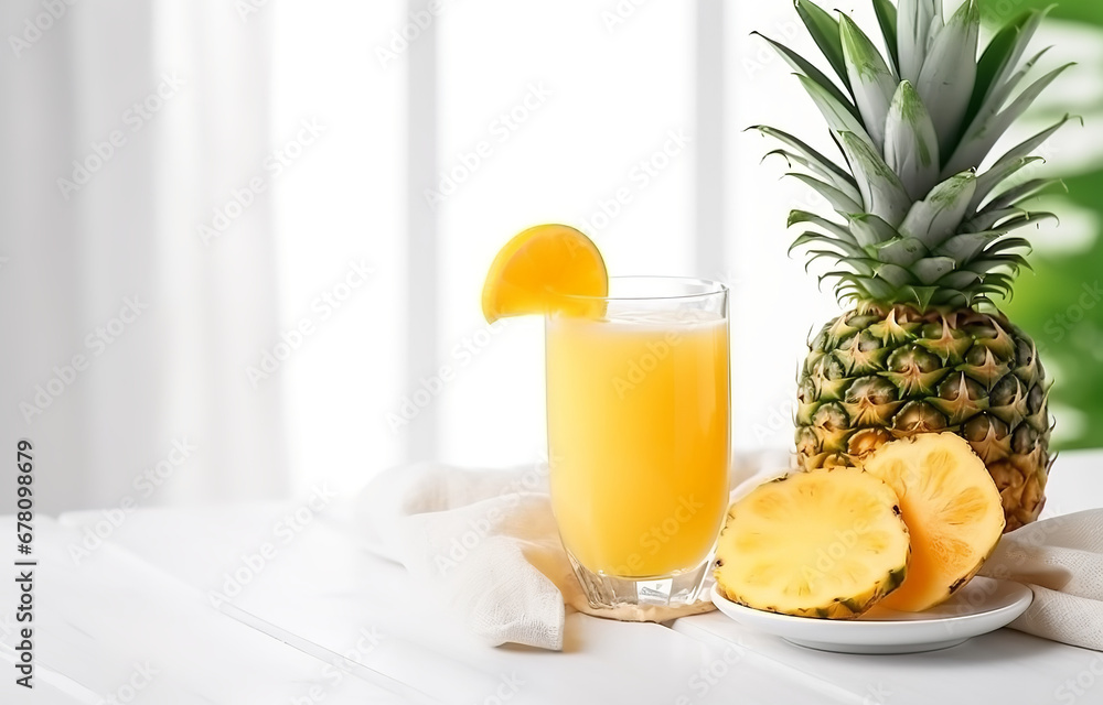 Pineapple fresh juice in glass and pineapple slices for morning breakfast on white wooden table near window Pineapple fresh juice in glass and pineapple slices for morning breakfast on white wooden table near window