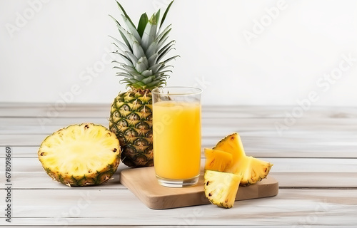Pineapple fresh juice in glass and pineapple slices for morning breakfast on white wooden table near window