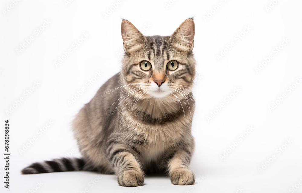 Tabby cat lying in beige pet bed on white background Tabby cat lying in beige pet bed on white background