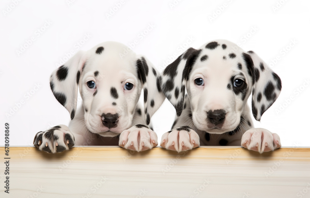 Two Dalmatian puppies on white background - obrazy, fototapety, plakaty 