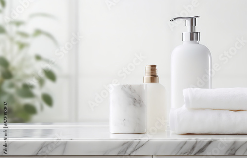Soap and shampoo on white marble sink on white bathroom background