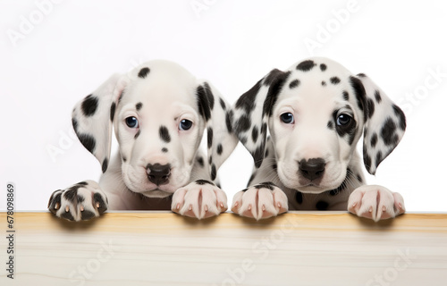 Two Dalmatian puppies on white background photo