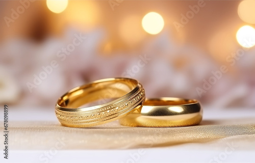 Two golden rings on white plate on table on white wedding hall background