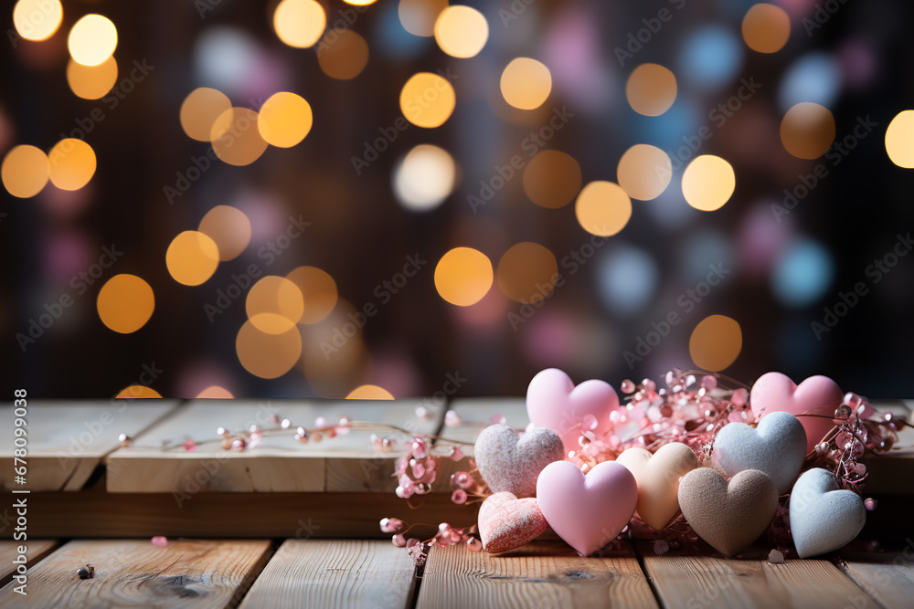 Valentines day themed background with empty pastel color wooden table for product display, bokeh lights