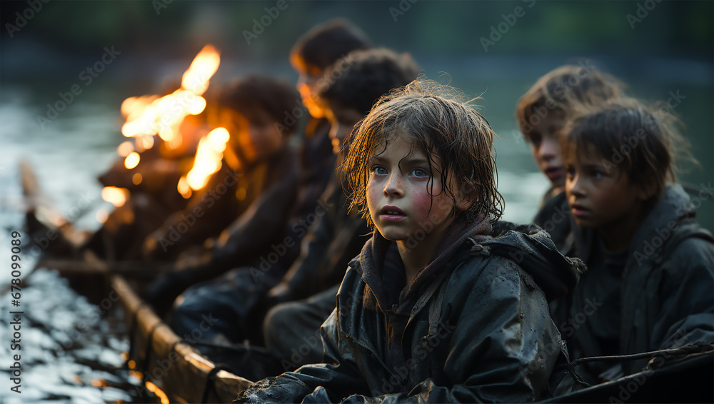 homeless children and teenagers sitting in a boat