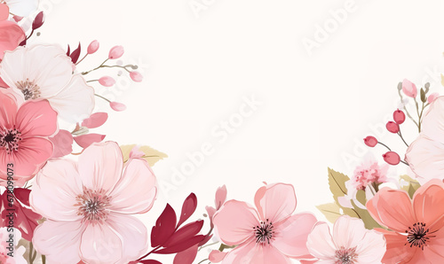 Watercolor Pink White Flowers  Flat White Background with Copy Space  Vector Style