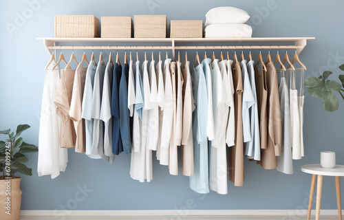 White, beige and blue clothes lay on shelves and hang on wooden hangers in a large white wooden closet © Nate