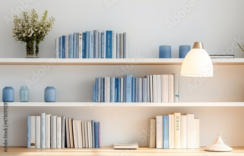 Wallpaper Mural White, beige, blue books on white shelves on white design room soth light Torontodigital.ca