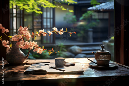 Japanese style room decoration architecture, a flower decoration on the table photo