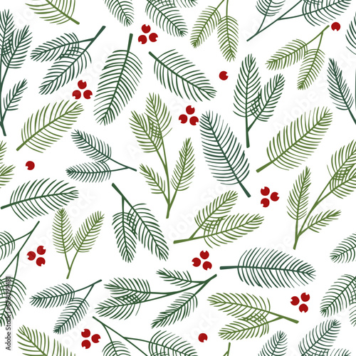 Seamless pine twigs and red berries sketch. Christmas and New Year decoration