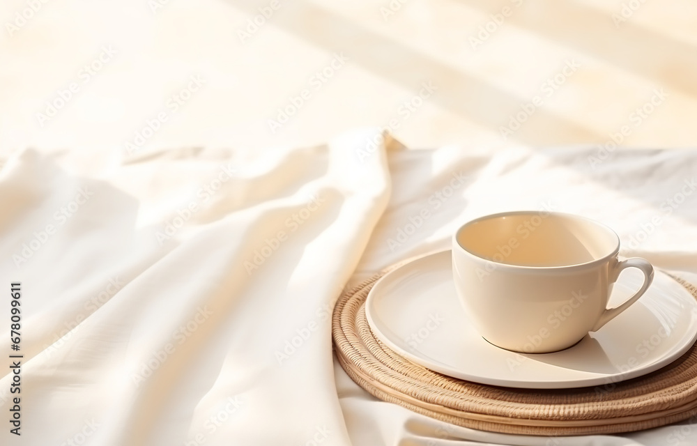 White plate and cup on beige napkin on white wooden table soft light White plate and cup on beige napkin on white wooden table soft light