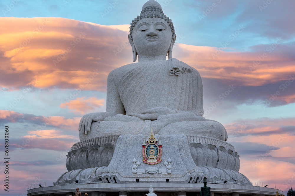 Fototapeta premium High above Phuket stands the currently famous landmark of the island, the Temple of the Great Buddha. Thais call him Big Buddha.