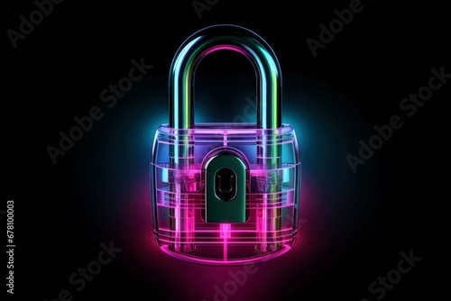 Abstract colorful neon padlock on black background