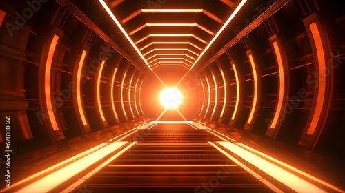 Orange neon light octagon futuristic tunnel with light reflections